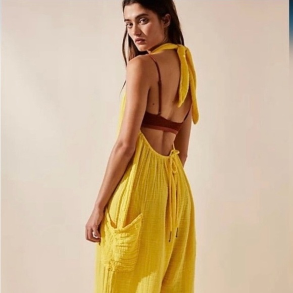 Free People Knot it Up Primrose Yellow Gauze Jumpsuit 💛 Medium Oversized - Picture 3 of 13